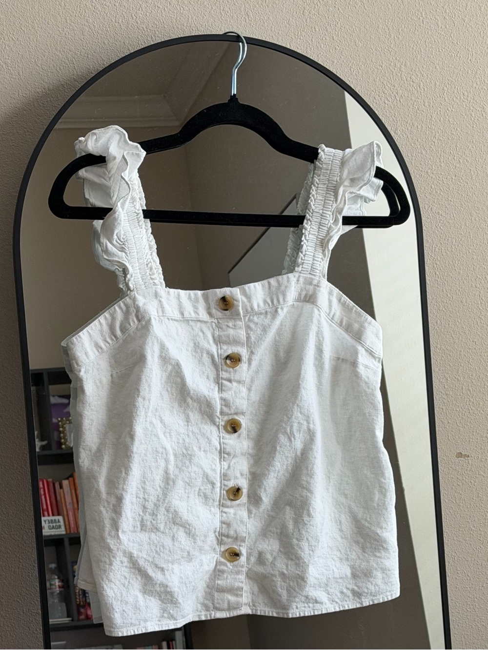 J.Crew White Linen Blend Ruffle Strap Button Front Top